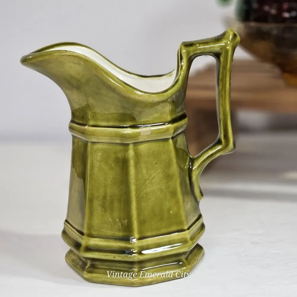 Vtg Studio Pottery Creamer Olive Green Paneled Octagon Mini Stone Pitcher Signed